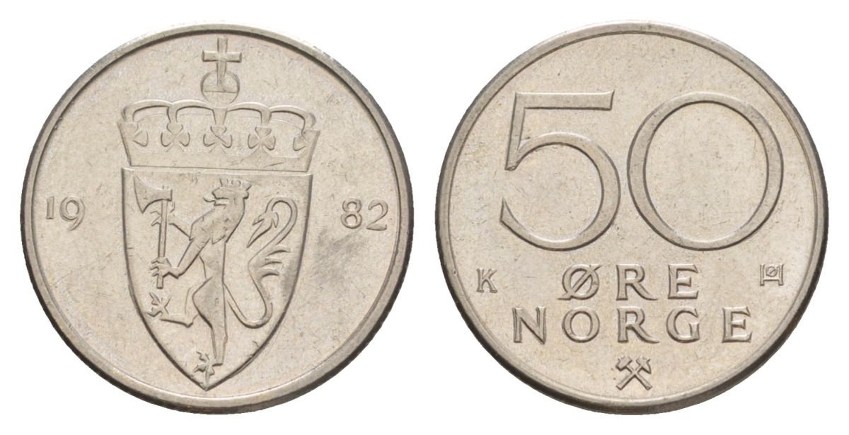 Норвегия 50 эре 1982 Улаф V (1957-1991) KM 418 медно-никель UNC 4635-455