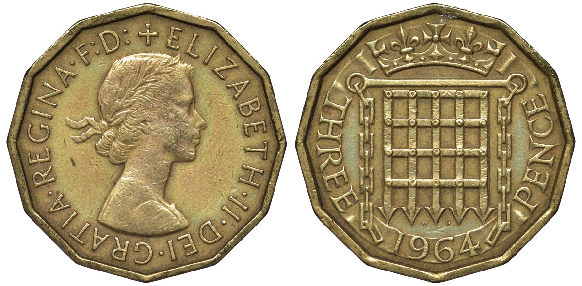 Великобритания 3 пенса 1964 Елизавета II (1952-2022) KM 900, Spink 4153 никель латунь 4122-941