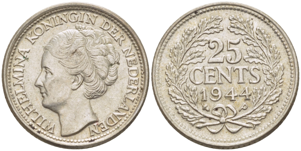 Нидерланды 25 центов 1944 Вильгельмина (1890-1948) KM 164 серебро aUNC 66-1152