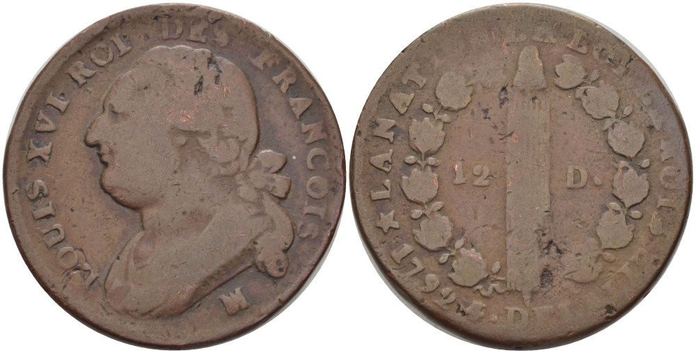 ФРАНЦИЯ 12 ДЕНЬЕ 1792 МА, ЛЮДОВИК XVI KM 600.11 (С88.10) бронза 97-1243