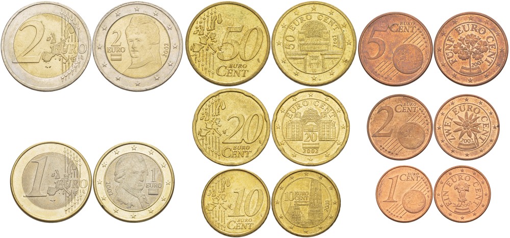 Австрия евронабор из 8 монет 2002 1, 2, 5, 10, 20, 50 евроцентов, 1 и 2 евро KM 210, 211, 212, 247, 248, 249, 250, 251 UNC N6-35