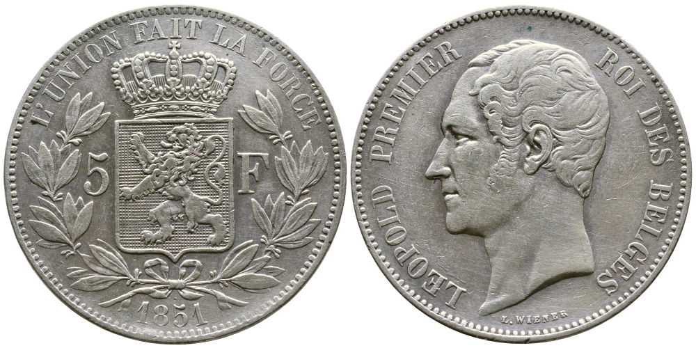 Бельгия 5 франков 1851 Леопольд I (1831-1865) KM 17 серебро 633-112