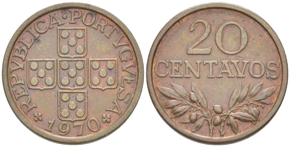ПОРТУГАЛИЯ 20 СЕНТАВО 1970 KM 595 бронза XF 4516-358