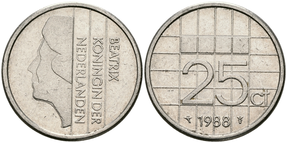 НИДЕРЛАНДЫ 25 ЦЕНТОВ 1988 БЕАТРИКС KM 204 никель 96-318