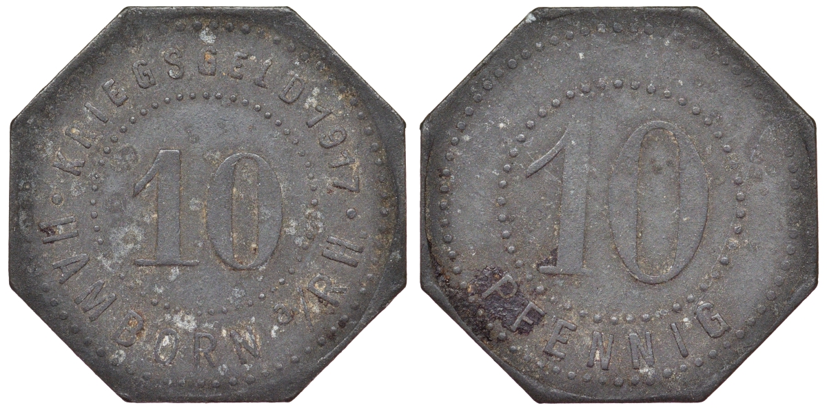 Германия, Хамборн 10 пфеннигов 1917 Дуйсбург, Северный Рейн-Вестфалия, нотгельд Funck 190.3 цинк 4119-1216