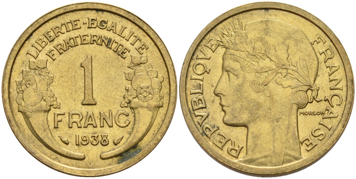 Франция 1 франк 1938 KM 885, Le Franc 219.2 алюминиевая бронза 4142-854