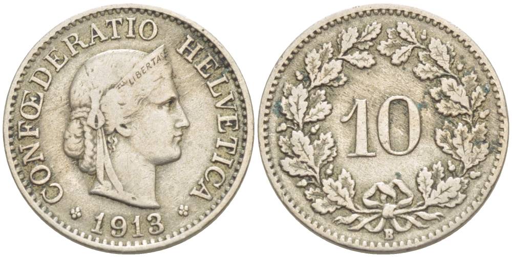 ШВЕЙЦАРИЯ 10 РАППЕНОВ 1913 В KM 27 медно-никель 4541-422