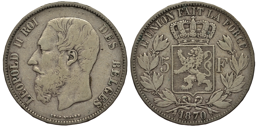 Бельгия 5 франков 1870 Леопольд II (1865-1909) KM 24 серебро    1530-942