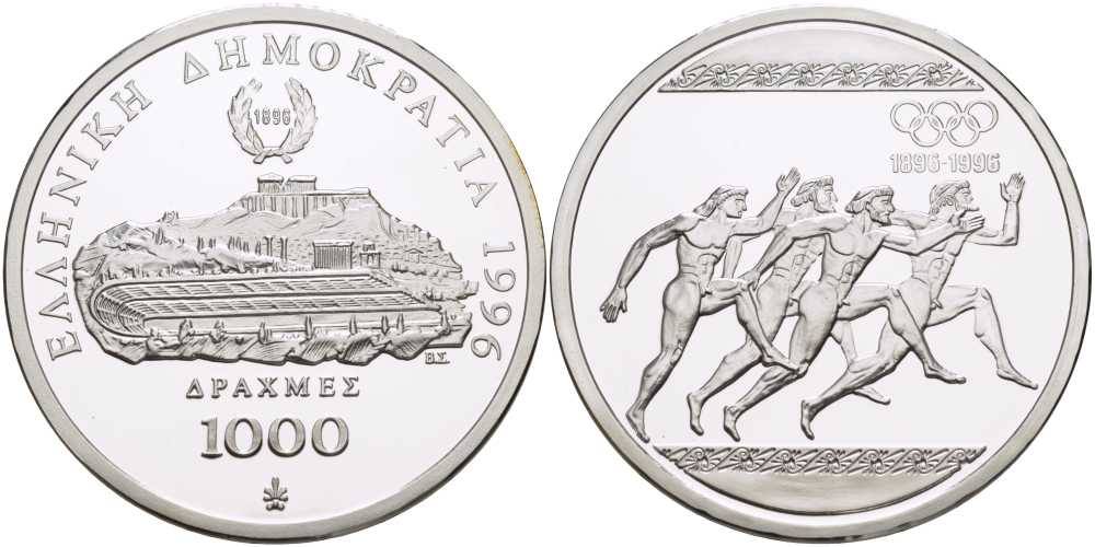 ГРЕЦИЯ 1000 ДРАХМ 1996 ОЛИМПИЙСКИЕ ИГРЫ В АФИНАХ, БЕГ KM 165 серебро PROOF 00-00