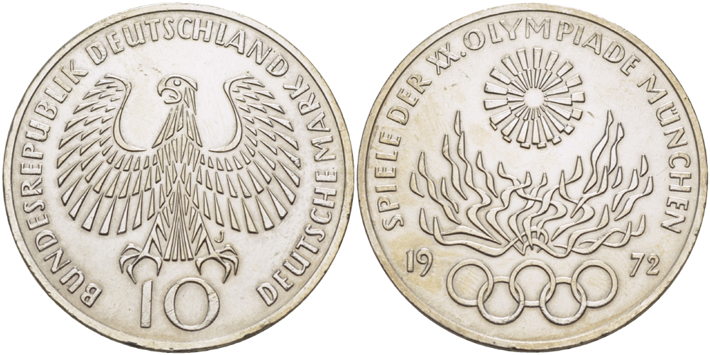 ФРГ 10 марок 1972 J, XX летние Олимпийские игры 1972 года в Мюнхене, олимпийский огонь KM 135, J.405 серебро 413-1425