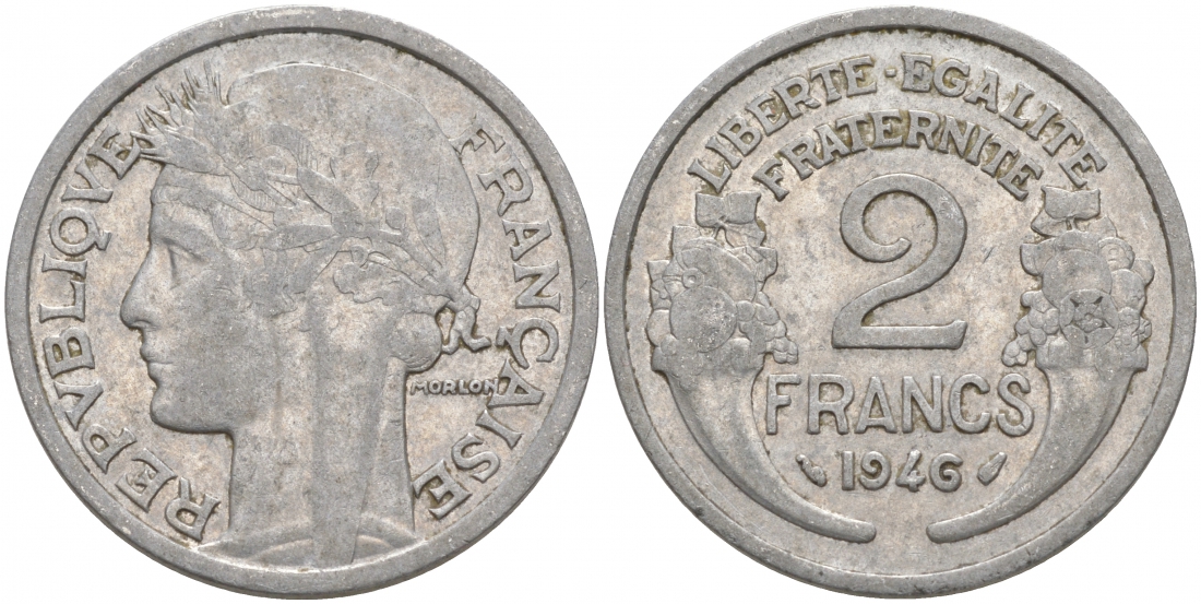 ФРАНЦИЯ 2 ФРАНКА 1946 KM 886а.1 алюминий 3855-643