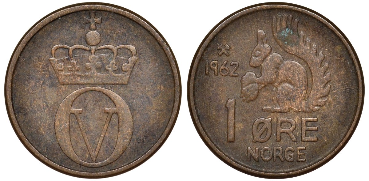 Норвегия 1 эре 1962 белка KM 403 бронза 4174-164