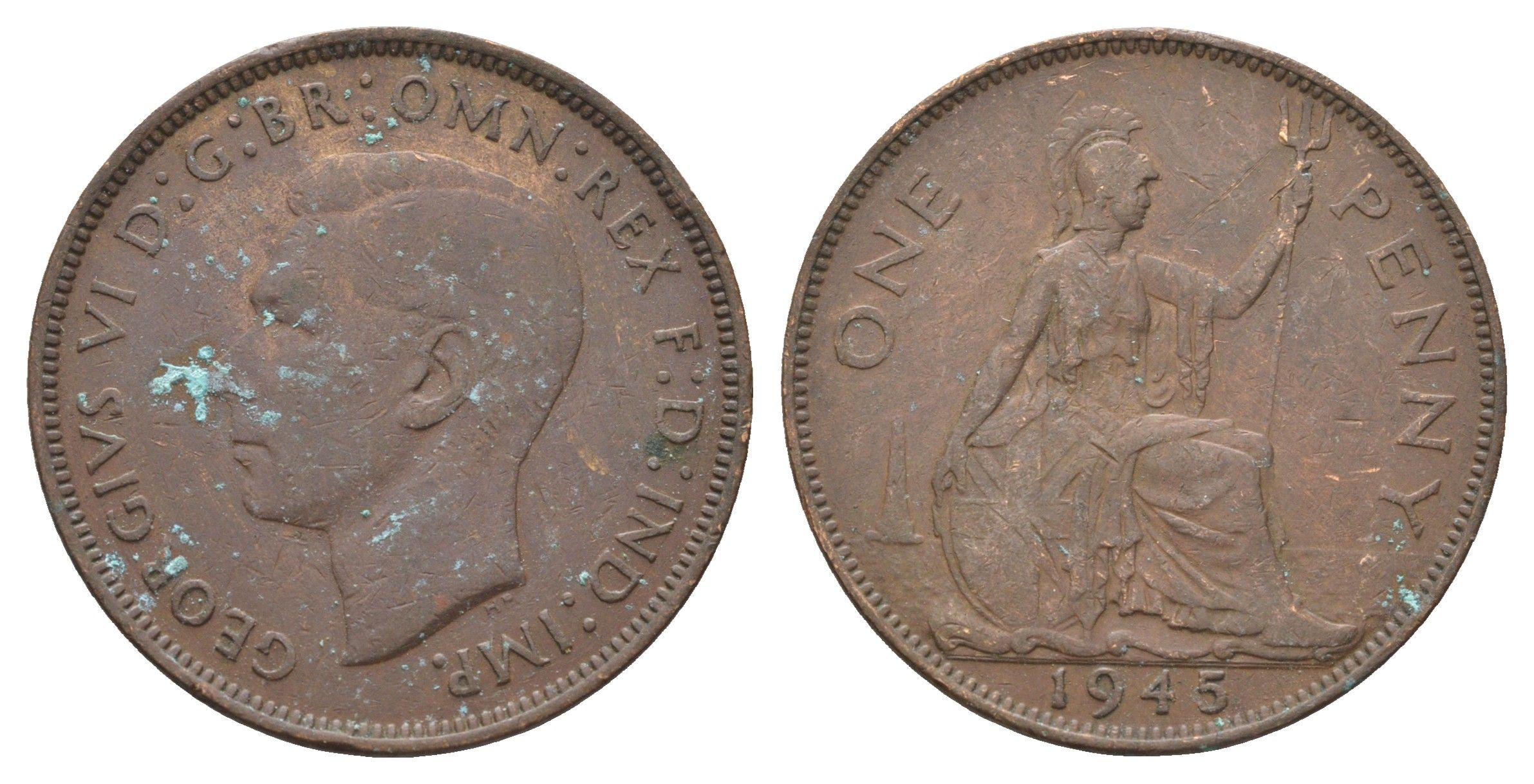 Великобритания 1 пенни 1945 Георг VI (1936-1952) KM 845, Spink 4114 бронза 4661-823