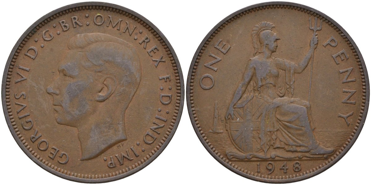 Великобритания 1 пенни 1948 Георг VI (1936-1952) KM 845, Spink 4114 бронза 4144-935
