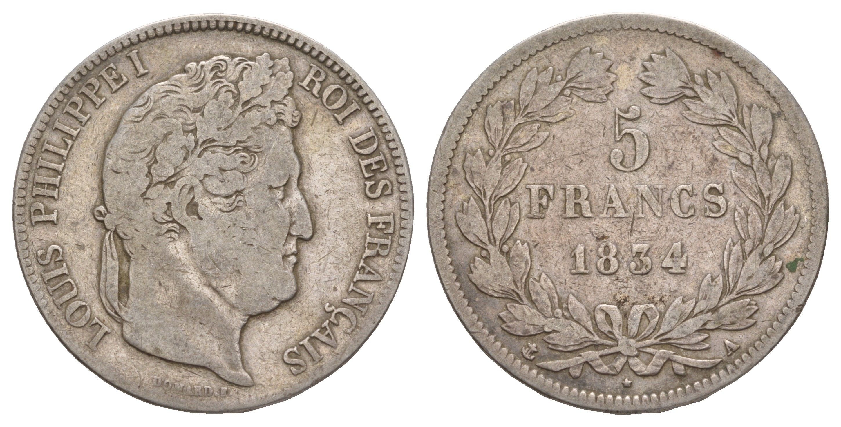 Франция 5 франков 1834 A, Луи-Филипп I (1830-1848) KM 749 серебро 1519-833