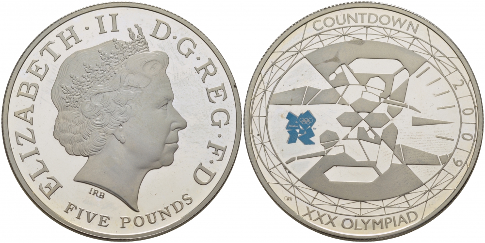 Великобритания 5 фунтов 2009 Елизавета II (1952-2022), XXX летние Олимпийские Игры, Лондон 2012 - Обратный отсчет «3», Плавание KM 1121a, Spink LO33 серебро PROOF 1077-1-41