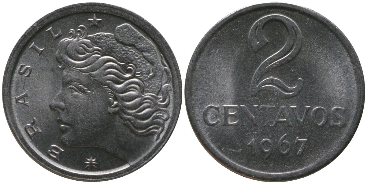 Бразилия 2 сентаво 1967 KM 576.1, Schon 81 нержавеющая сталь UNC 4567-849