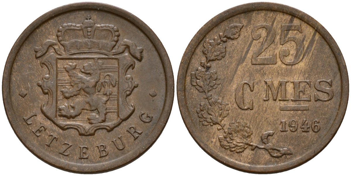 Люксембург 25 сантимов 1946 Шарлотта (1918-1964) KM 45 бронза 4597-1137