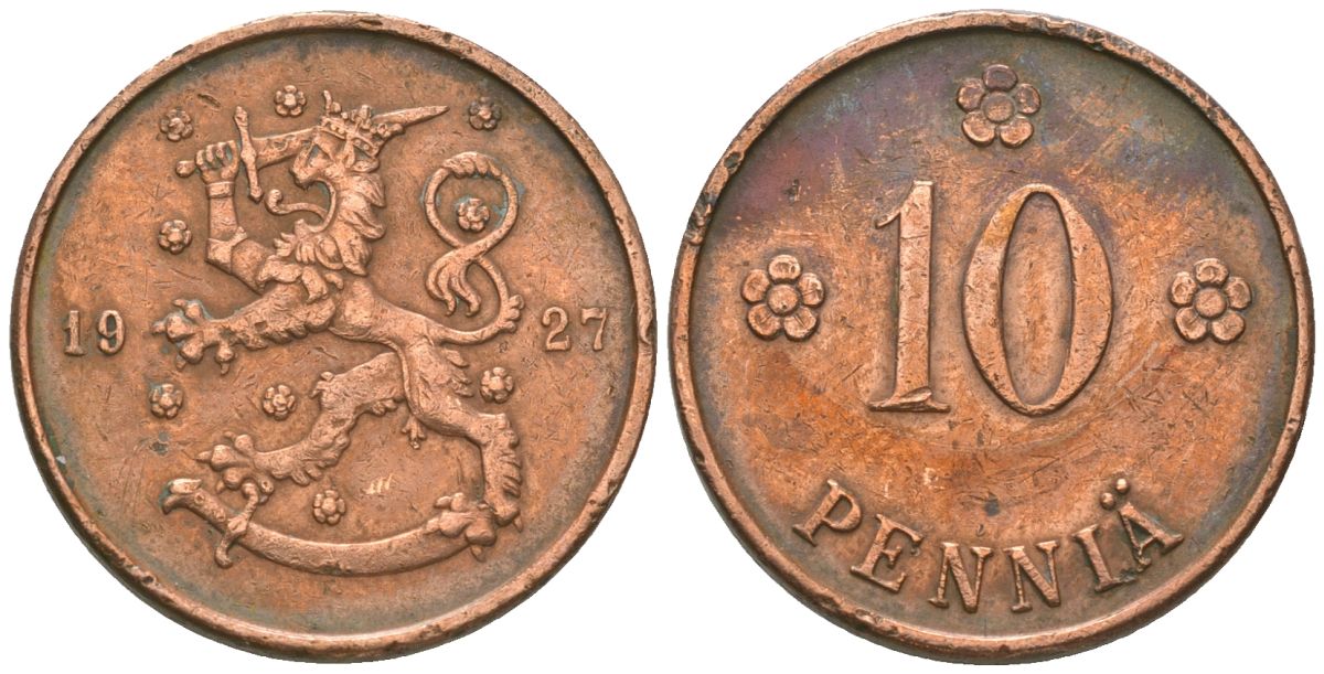 Финляндия 10 пенни 1927 KM 24 медь 4591-1012