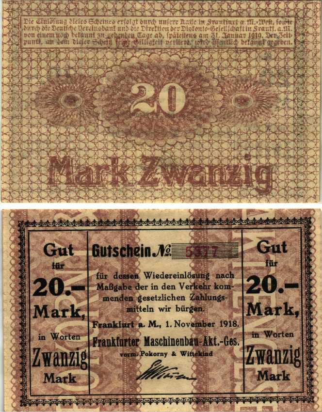 ФРАНКФУРТ-НА-МАЙНЕ 20 МАРОК 1918 НОТГЕЛЬД, 1 НОЯБРЯ 1918 - 31 ЯНВАРЯ 1919, ЗЕМЛЯ ГЕССЕН Geiger 152.03 бумага 6318-38-2-1