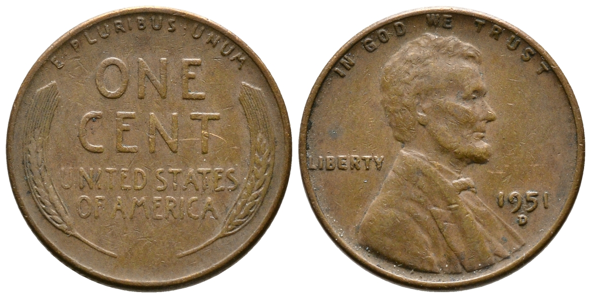 США 1 ЦЕНТ 1951 D ЛИНКОЛЬН KM А132 медь цинк 61-1227