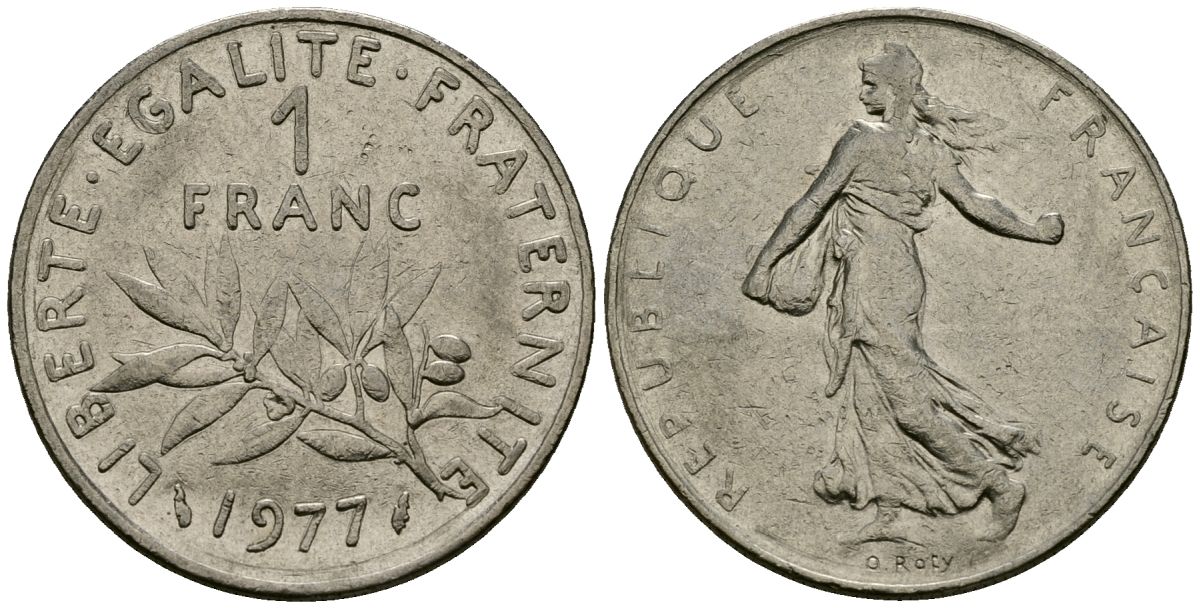 Франция 1 франк 1977 сеятель KM 925 никель 4135-853