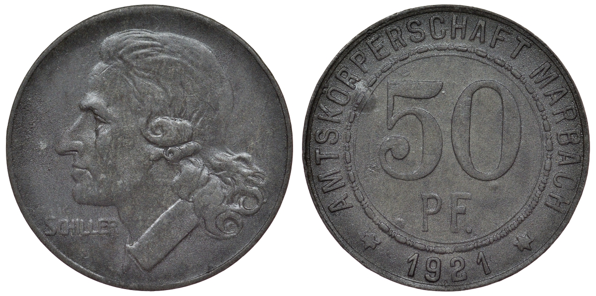 Марбах 50 пфеннигов 1921 Фридрих Шиллер Funck 316.3, Men05 16251.3, Men18 20385.3 цинк     4121-315