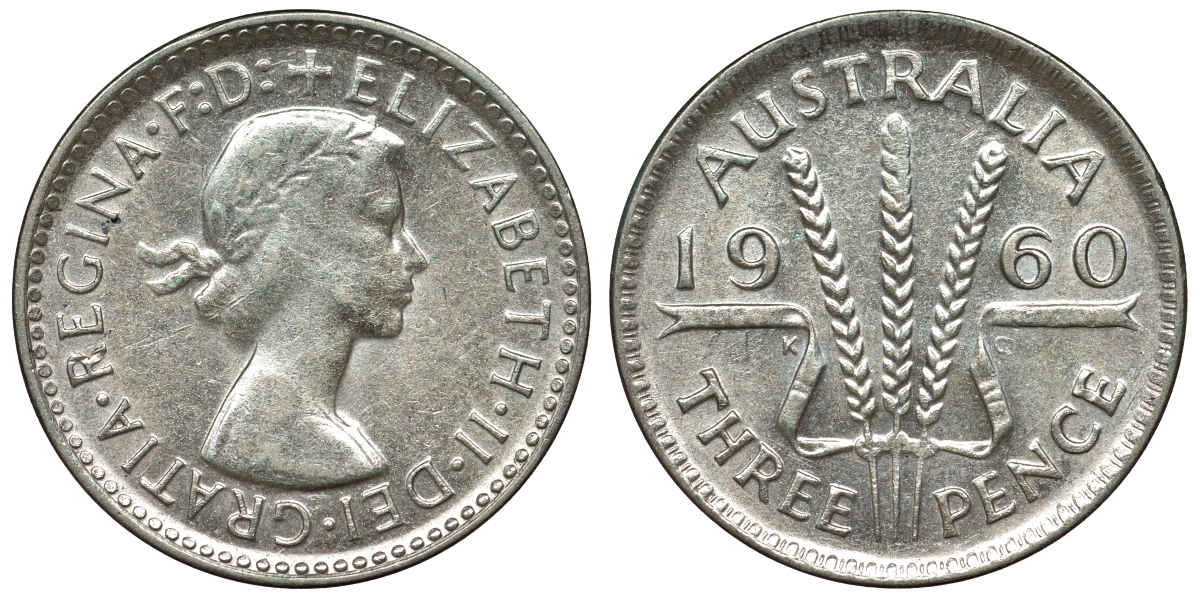 Австралия 3 пенса 1960 m, Елизавета II (1953-) KM 57 серебро 71-656