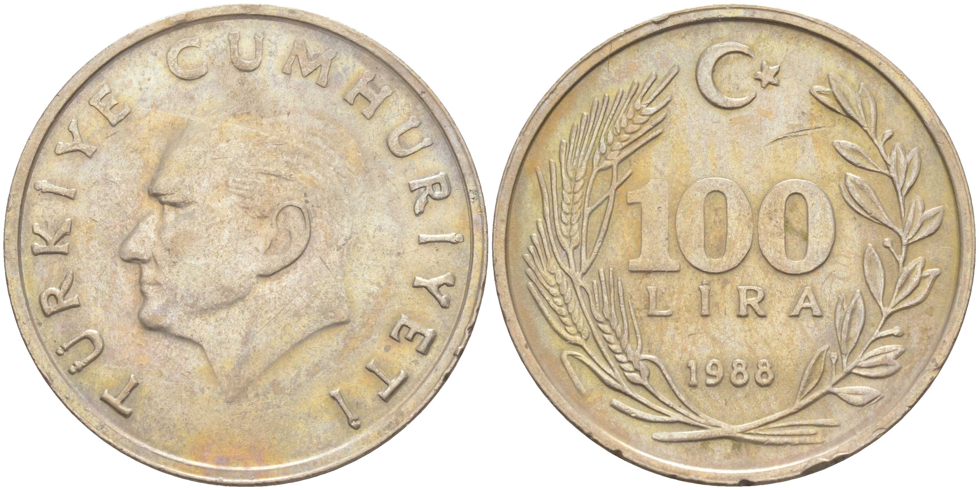 ТУРЦИЯ 100 ЛИР 1988 KM 967 медь никель цинк 4111-311