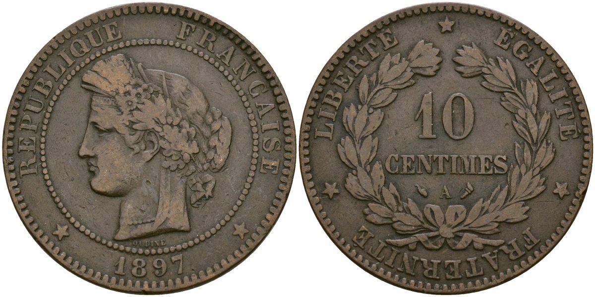 Франция 10 сантимов 1897 A, Третья республика (1871-1940) KM 815.1, Le Franc 135.33 бронза 4120-741