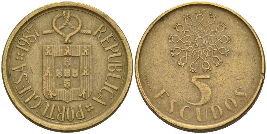 Португалия 5 эскудо 1987 KM 632 никель латунь 4571-941
