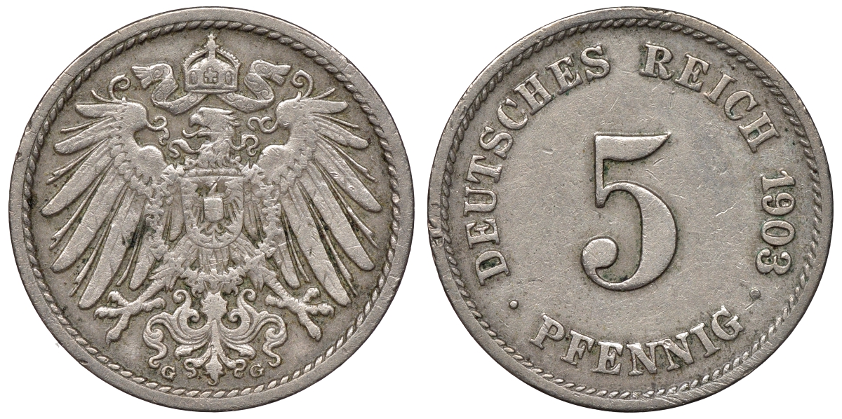 Германия 5 пфеннигов 1903 G KM 11, J. 12 медно-никель 1531-215