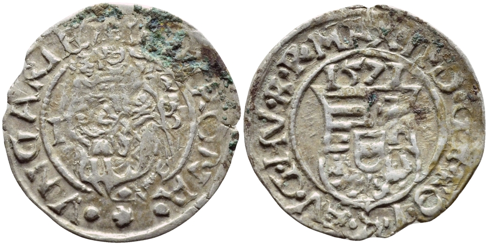 Венгрия 1 денар 1571 КВ, Максимилиан II Габсбург (1564-1576), мадонна с младенцем  серебро    1530-422