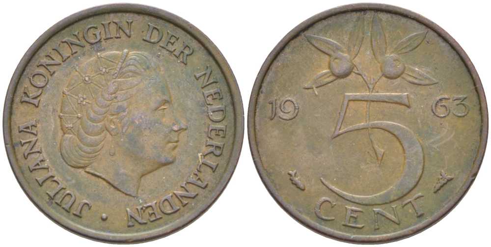 НИДЕРЛАНДЫ 5 ЦЕНТОВ 1963 ЮЛИАНА (1948-1980) KM 181 бронза 213-1043