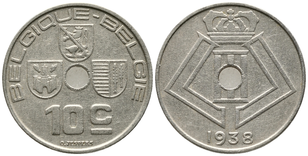 БЕЛЬГИЯ 10 САНТИМОВ 1938 BELGIQUE-BELGIE KM 112 никель латунь 24-1145