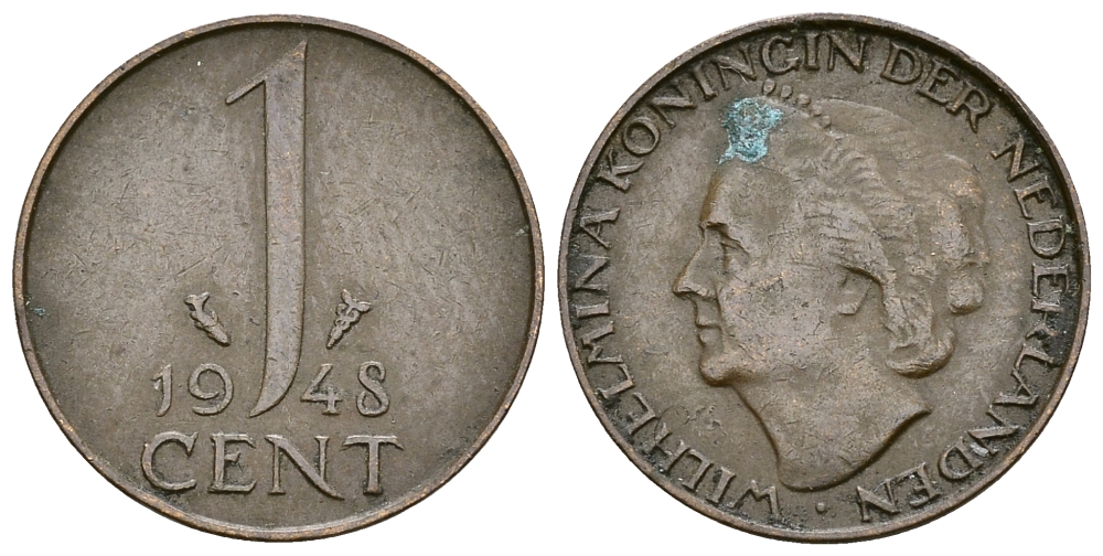 Нидерланды 1 цент 1948 Вильгельмина (1890-1948), год тип KM 175 бронза 61-1153