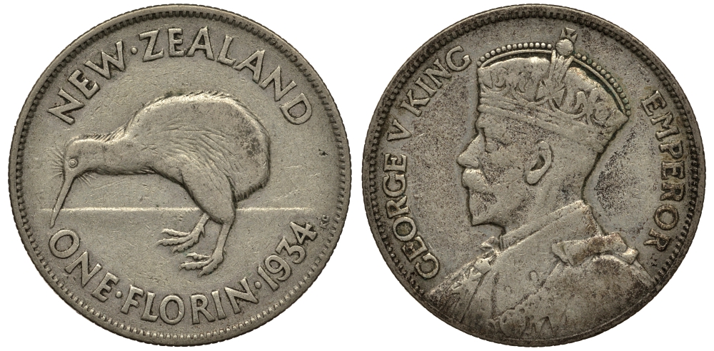 Новая Зеландия 1 флорин 1934 Георг V (1910-1936), птичка киви KM 4 серебро 272-1234