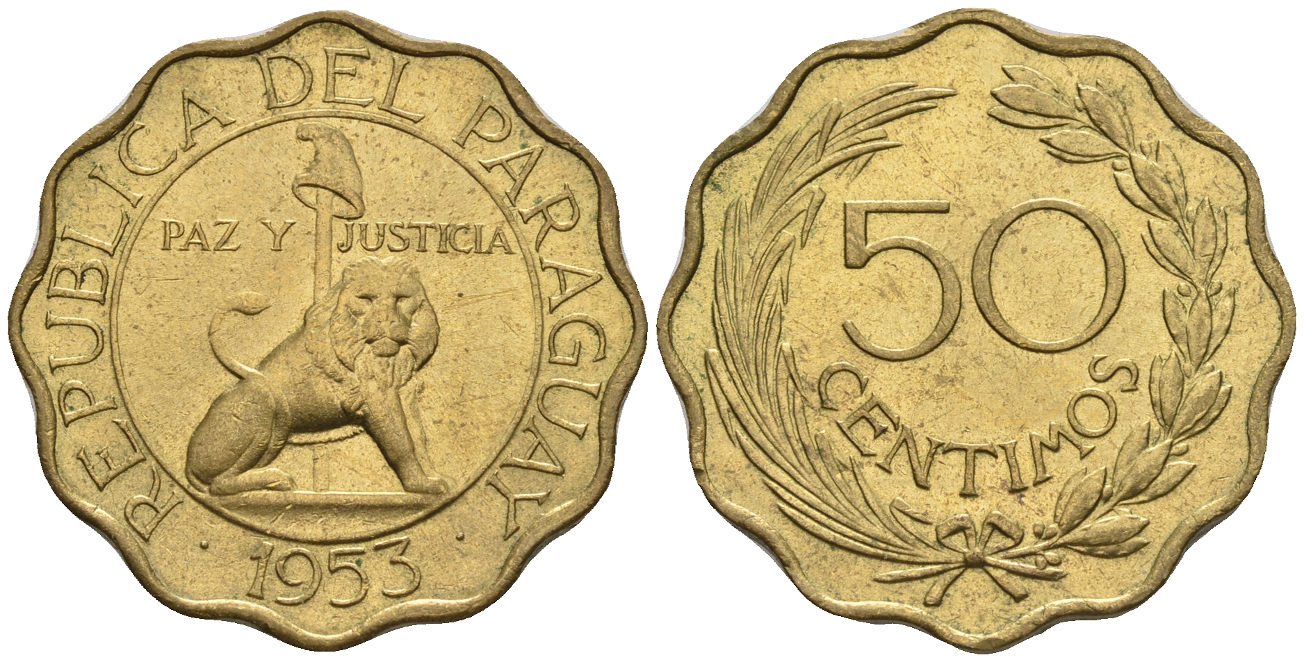 Парагвай 50 сентимо 1953 лев, фригийский колпак на шесте KM 28 алюминиевая бронза  aUNC  4176-814