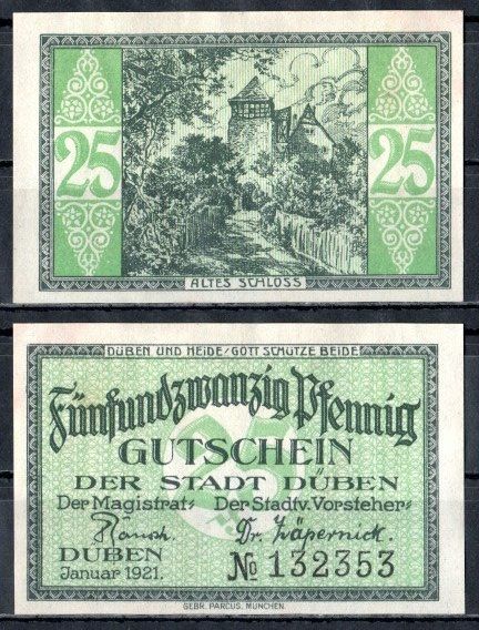 Дюбен (Пруссия, Саксония) 25 пфеннигов 1921 Mehl Grabowski 293.1-2/2 бумага UNC (пресс) 7555-59-4-2