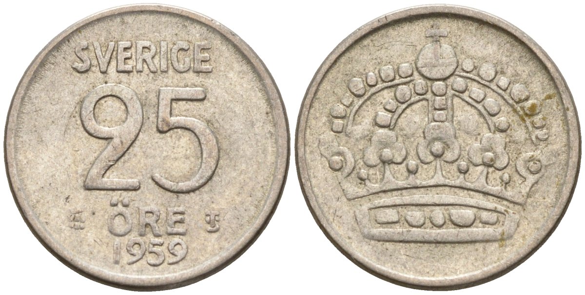 Швеция 25 эре 1959 TS, Густав VI Адольф (1950-1973) KM 824 серебро 4147-1068