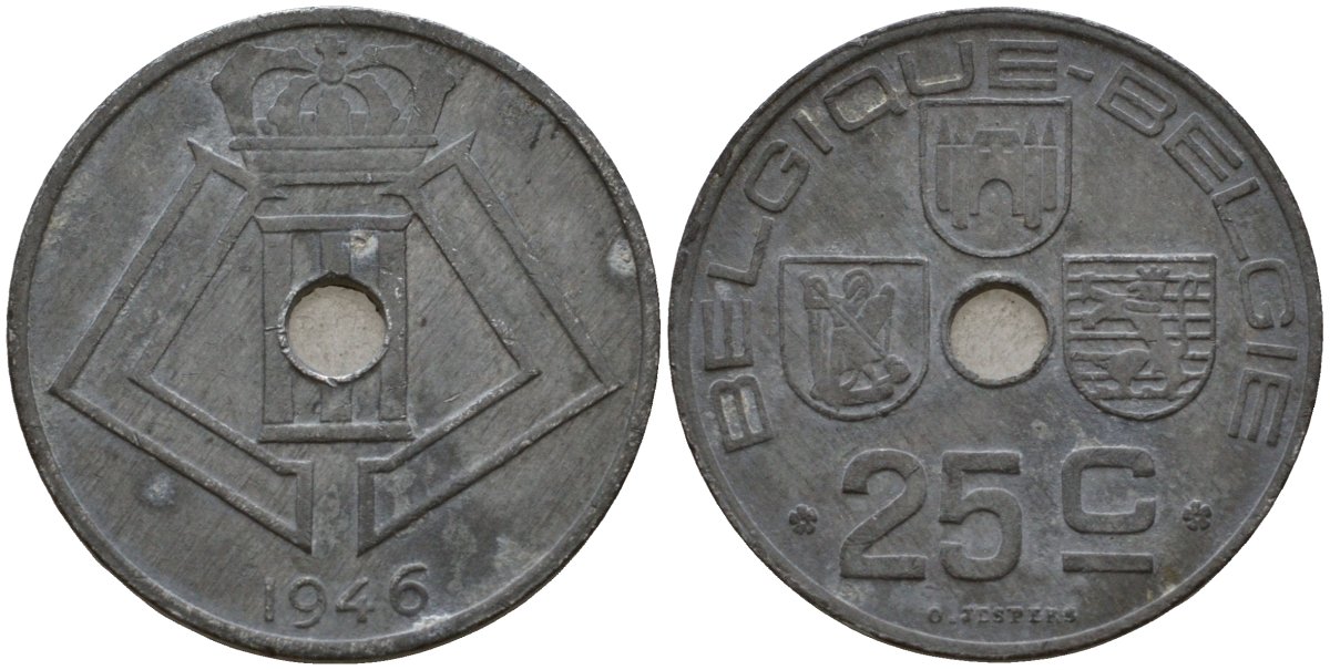 Бельгия 25 сантимов 1946 Belgique - Belgie KM 131 цинк 33-1215