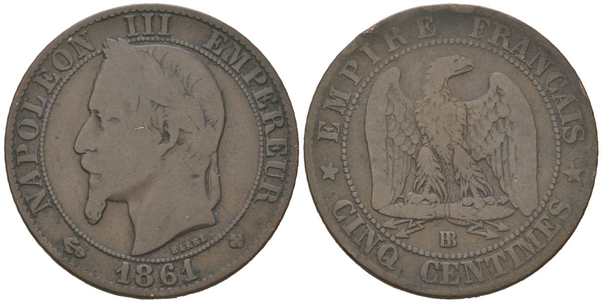 Франция 5 сантимов 1861 BB, Наполеон III (1852-1870) KM 797.2 бронза 4579-845