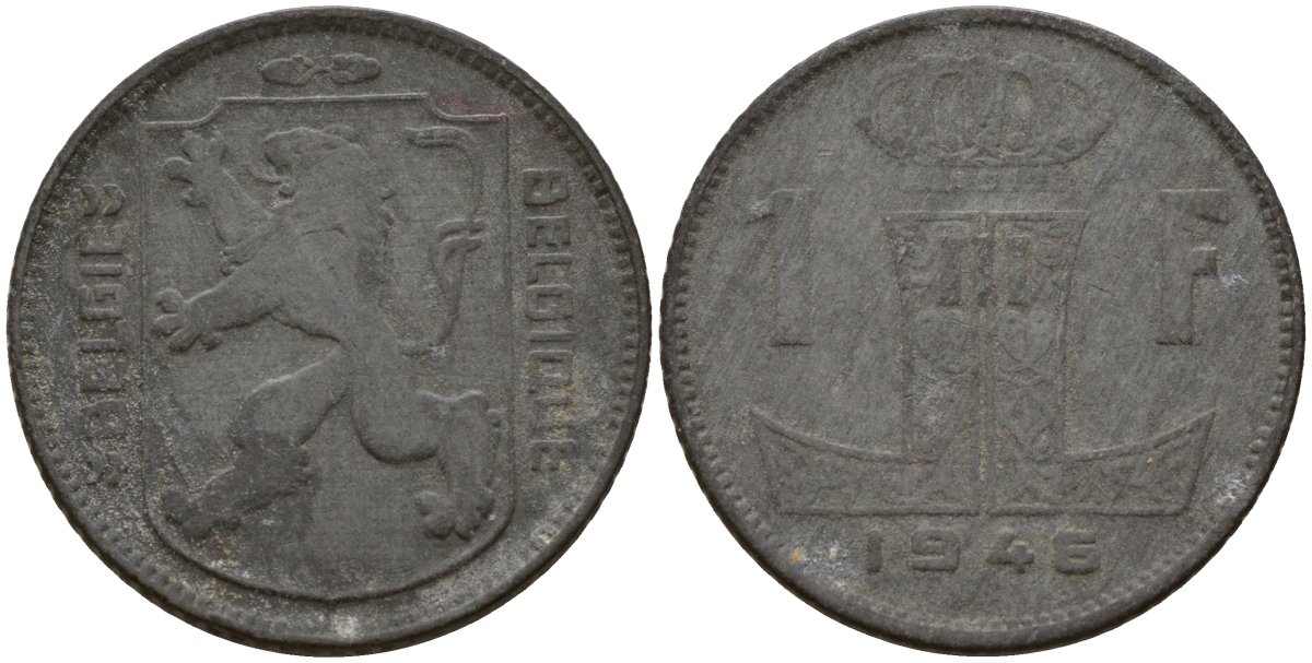 Бельгия 1 франк 1946 Belgie - Belgique, Леопольд III (1934-1947), германская оккупация, Вторая мировая война KM 128 цинк 4161-621