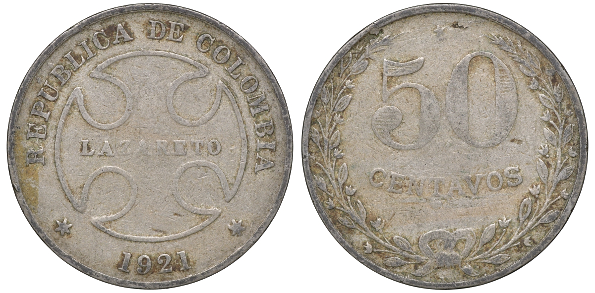 Колумбия 50 сентаво 1921 государственный лепрозорий KM L13 медно-никель 53-933