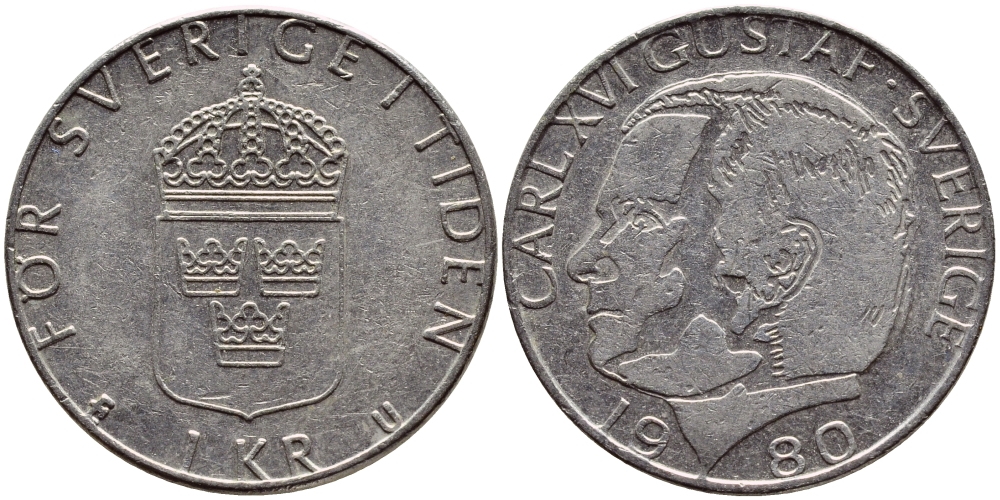 Швеция 1 крона 1980 Карл XVI Густав (1973- ) KM 852 медь плакированная медно-никелем 4397-944