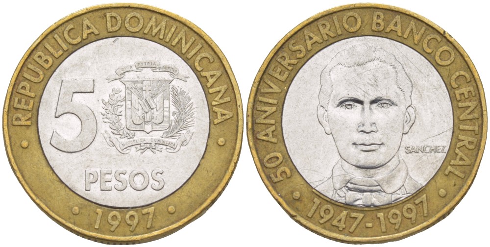 Доминиканская республика 5 песо 1997 50 лет центральному банку KM 88 биметалл 4541-1053