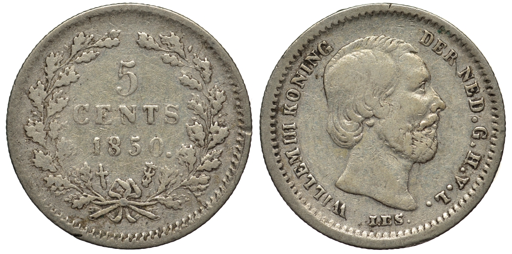 Нидерланды 5 центов 1850 Виллем III (1849-1890), точка после даты KM 91 серебро 443-531