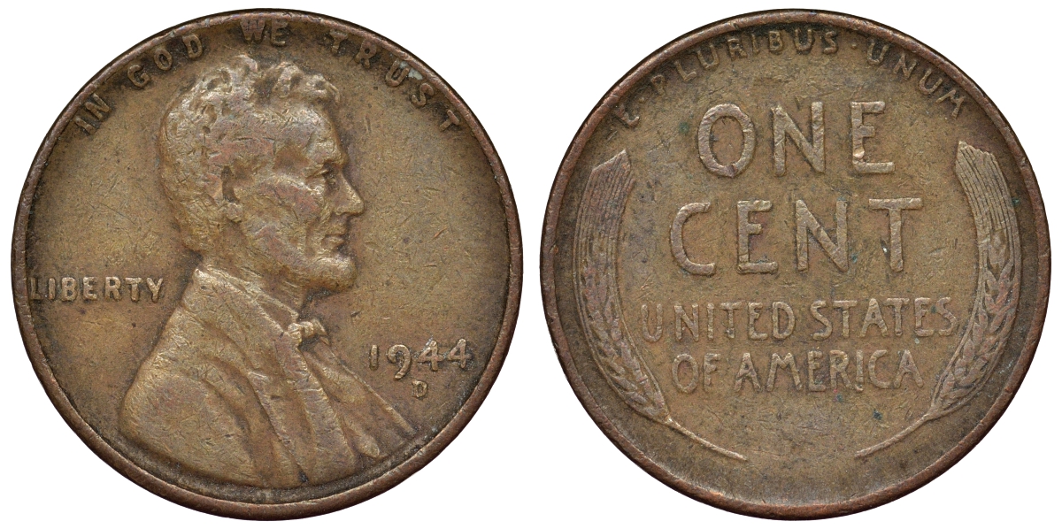 США 1 цент 1944 D Линкольн KM А132 медь цинк 71-1054