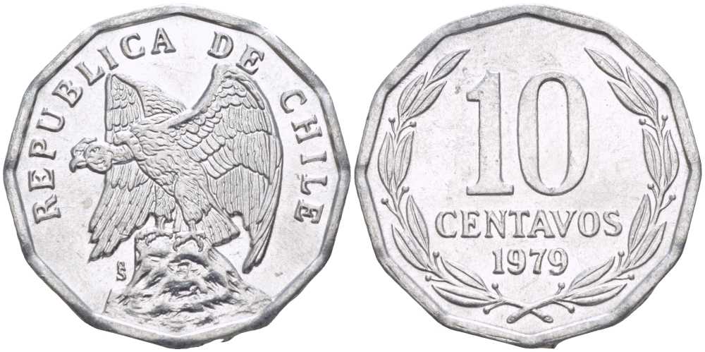 Чили 10 сентаво 1979 KM 205a алюминий 4402-452