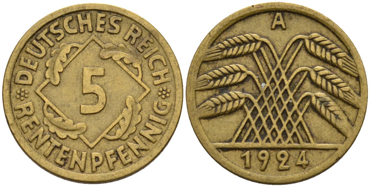 Германия 5 рентенпфеннигов 1924 A KM 32, J. 308 алюминиевая бронза 4151-652